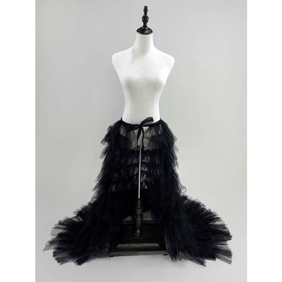 🖤 NEW Goth Tier Layered Tulle Mesh Petticoat Train Wrap Hi-Lo Black Open Skirt - Picture 1 of 17